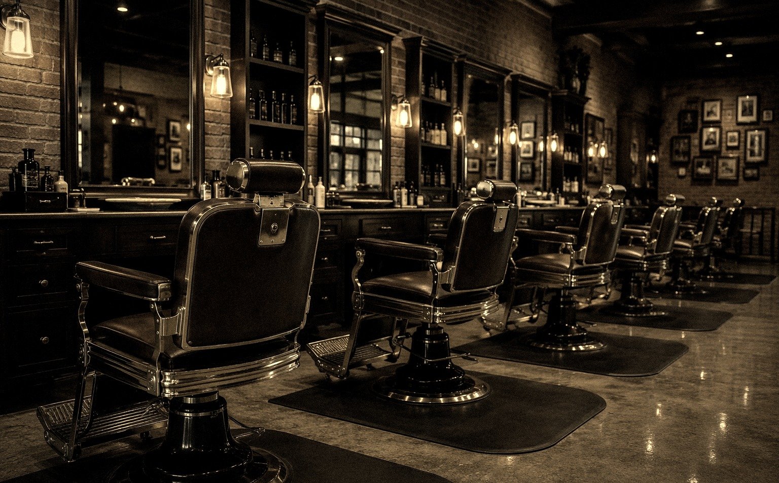 Inside the Capital Fade shop — leather chairs, brass fixtures and warm low light