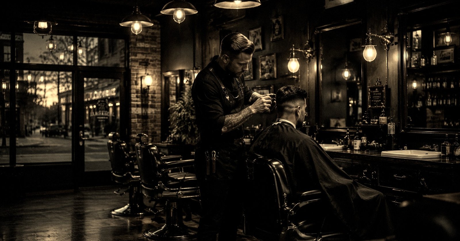 A barber finishing a precise skin fade in a dark, brass-lit Ottawa barbershop
